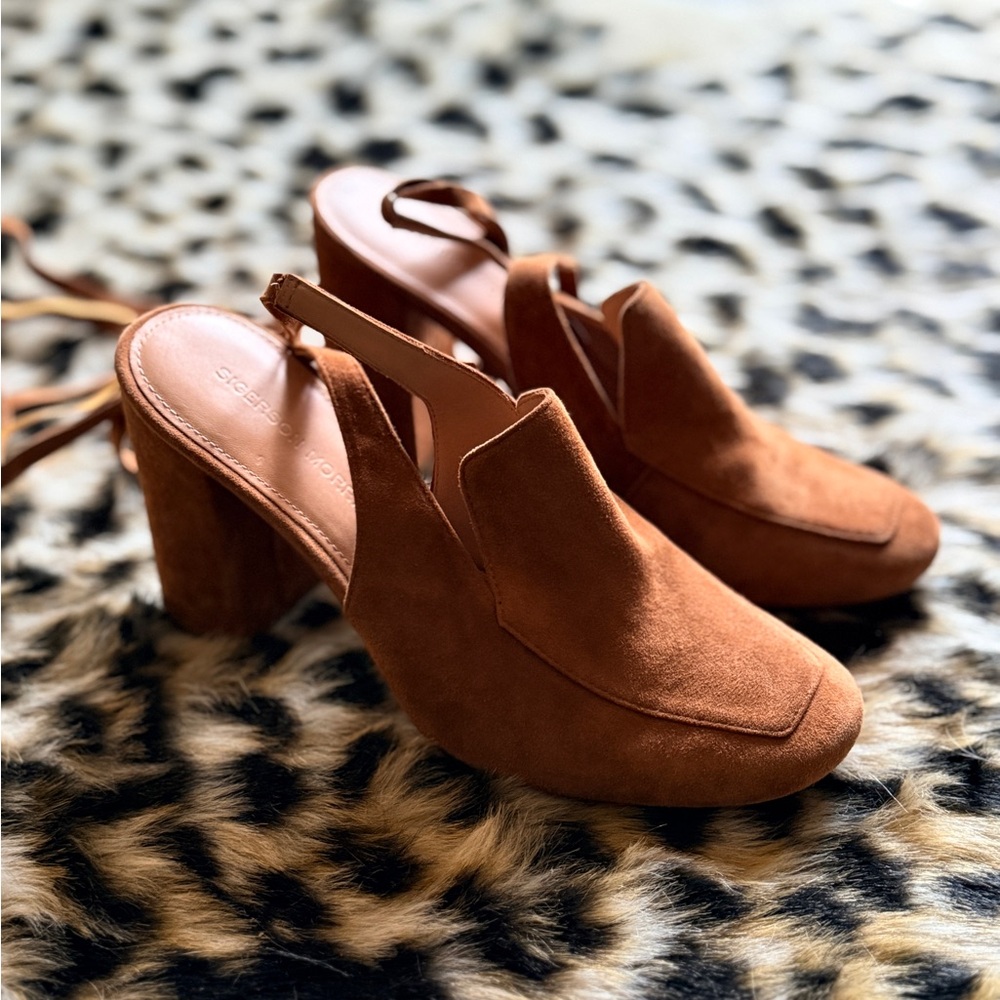 Sigerson Morrison Tan Suede Mules with ankle wrap
